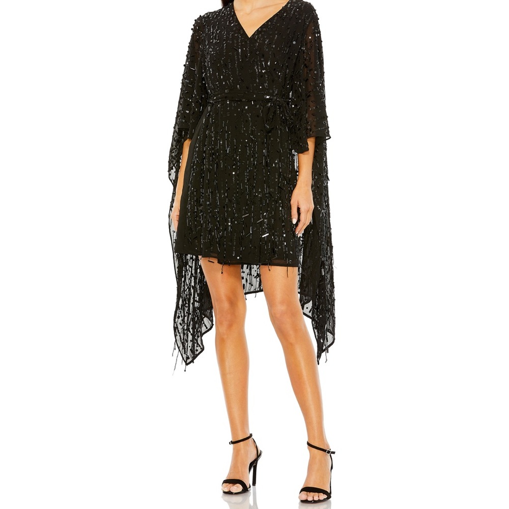 🆕 Mac Duggal Black Beaded Cape-style Wrap Dress - M
